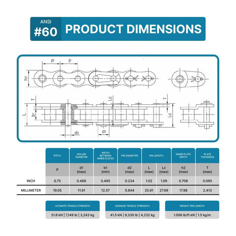 Diagram showing dimensions for Stainless Steel Roller Chain No 60 For Industrial Machinery, 10 ft, 3/4 inch pitch, 159 links, ANSI grade