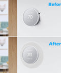 Before and after installation of Silicone Backplate Wall Mount For WiFi Thermostats, Fingerprint Resistant Finish, covers old hole.