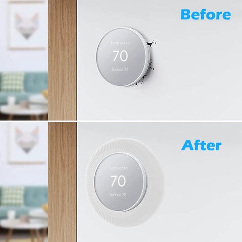 Before and after installation of Silicone Backplate Wall Mount For WiFi Thermostats, Fingerprint Resistant Finish, covers old hole.