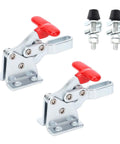 Pair Of Heavy Duty Welding Toggle Clamps Featuring Horizontal Jaw Design And Quick Release Handles For Sick Grip Performance That Locks Material Down Tight Without Any Hassle During Tough Custom Shop Builds, with red handles.