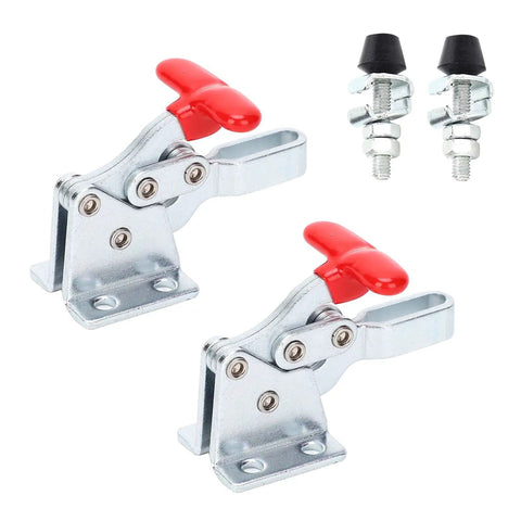 Pair Of Heavy Duty Welding Toggle Clamps Featuring Horizontal Jaw Design And Quick Release Handles For Sick Grip Performance That Locks Material Down Tight Without Any Hassle During Tough Custom Shop Builds, with red handles.