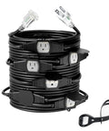 50 Foot 12 Gauge Outdoor Power Extension Cord With Seven Outlets ETL Listed IP44 Weatherproof Cap coiled with connectors