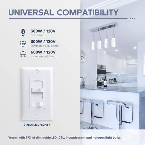 Single Pole And 3-Way No-Fuss LED Dimmer Switch for dimmable LED and CFL and 600W halogen, white, shown with modern kitchen decor.