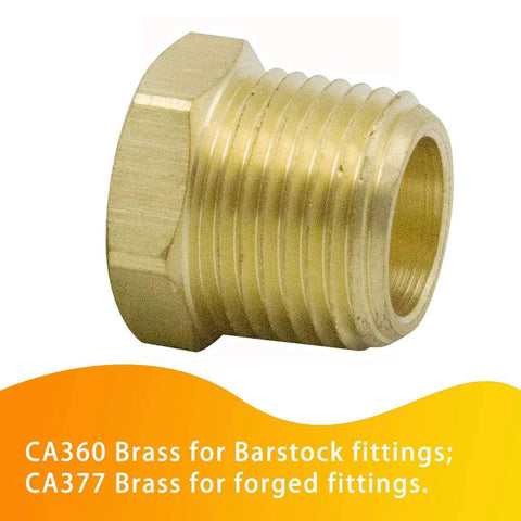 Brass pipe fitting hex bushing 1/2 in NPT male to 3/8 in NPT female adapter, pack of 2