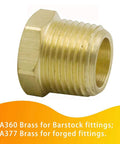 Legines NPT brass reducing bushing, 3/8 in male x 1/4 in female, hex head pipe fitting.