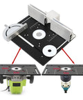 Solid Aluminum Router Table Insert Plate With Integrated Miter Gauge for Precision Woodworking and Milling Rigs, showing dual mounting options.