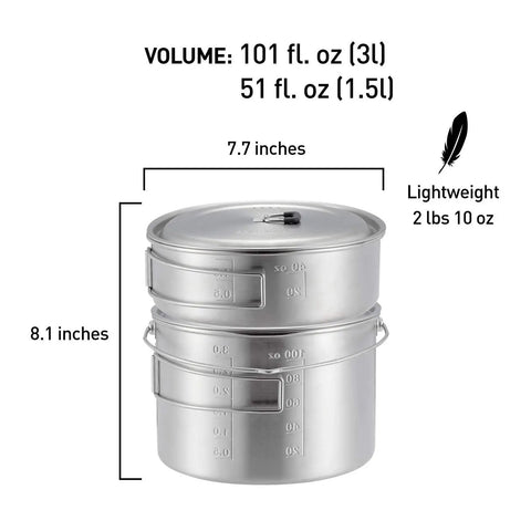 Two Pot Stainless Steel Camp Stove Set With Three Liter And One And A Half Liter Pots, vent holes, stacked view with measurements