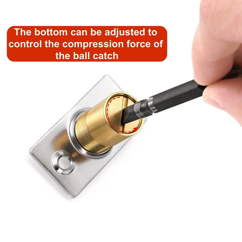 Close-up of adjustment mechanism for 16 Pack Closet Door Ball Catch Set With Adjustable Ball Catches Strike Plates And Screws Stainless Steel Latch Drive Kit For Pantry Cabinet Interior Doors DIY Friendly Home Improvement Upgrade