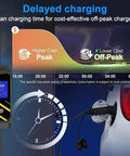 Delayed charging settings with LCD screen showing peak and off-peak times for No Brainer Plug And Play Portable EV Charger With GB/T Connector And NEMA 5 15 Household Plug, Adjustable 8 To 16 Amps On 110 Volt Outlets, Features LCD Screen, Flexible Cord And Smart Timer.