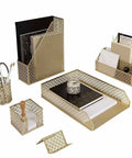 Dope Gold Desk Organizer Set 6 Piece Metal Office Accessories with mail sorter, pen cup, and business card holder on a desk