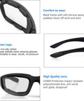 Slick And Tight Motorcycle Riding Glasses With Thick Silicone Padding For Knockout Windproof Dustproof Shield Rad UV400 Polycarbonate Lenses close-up of black frame and non-slip rubber legs.