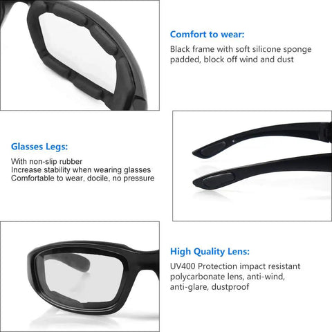 Slick And Tight Motorcycle Riding Glasses With Thick Silicone Padding For Knockout Windproof Dustproof Shield Rad UV400 Polycarbonate Lenses close-up of black frame and non-slip rubber legs.