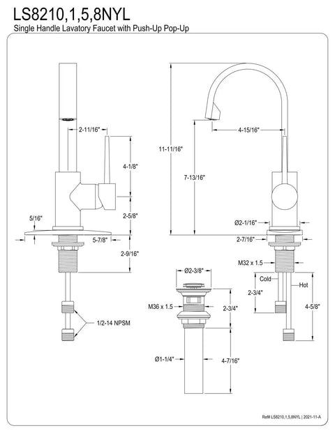 New York Single Handle Bathroom Faucet In Brushed Nickel Solid Brass Construction detailed technical drawing