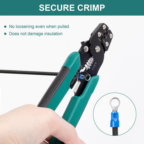 All In One Wire Crimping Tool For 10 22 AWG Insulated And Bare Wires And Heat Shrink showing secure crimp feature in use