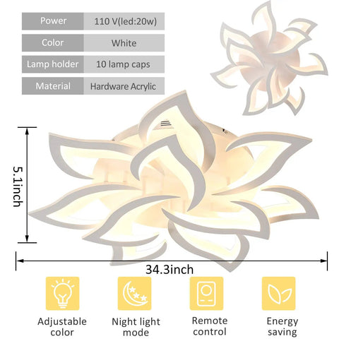 Modern 10 Head Dimmable LED Ceiling Light With Remote Control, Metal And Acrylic Petal Design, dimensions shown