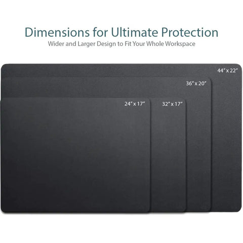 Comparison of Go To Premium Leather Desk Pads in black PU leather, showcasing sizes 24x17, 32x17, 36x20, and 44x22 inches.