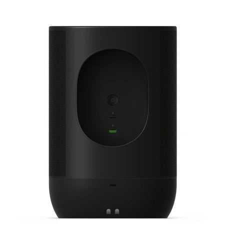 Back view of Move 2 Black Portable Bluetooth Speaker With Dual Tweeters For Rich Stereo Sound, featuring control panel and black finish