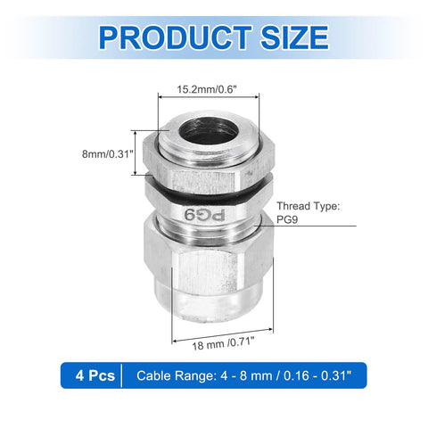 PG9 Cable Gland IP68 Waterproof Strain Relief Cord Grip Connector For 4 To 8mm Wire Stainless Steel Cable Protectors For Cable Fixing Wiring And Repair Pack Of 4, 4-8mm, PG9 thread