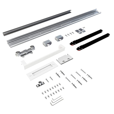Concealed Sliding Barn Door Kit 36 By 86 Inches With Soft Close Hardware White Hidden Door components and hardware displayed