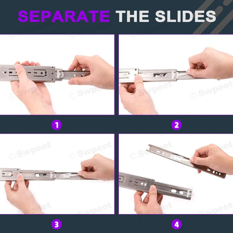 Hands demonstrating separation of Premium 300mm Full Extension Ball Bearing Drawer Slides With Quiet Glide, 100 lb load capacity.