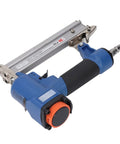 Professional Quality Pneumatic Brad Nailer With Grippy Soft Touch Handle, blue grip, lightweight, ideal for woodworking and upholstery.