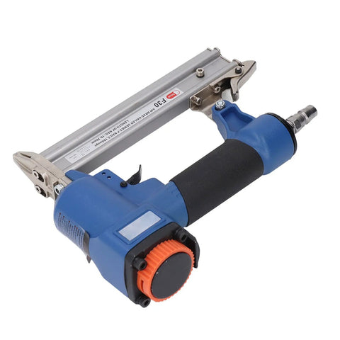 Professional Quality Pneumatic Brad Nailer With Grippy Soft Touch Handle, blue grip, lightweight, ideal for woodworking and upholstery.