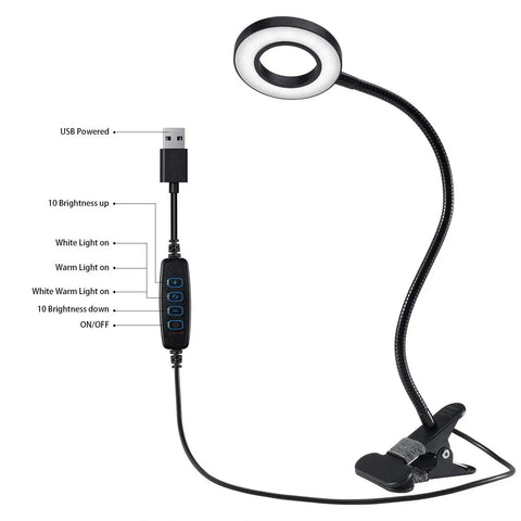 Clip On Desk Lamp With 48 LED Lights, Clamp On Reading Light With 3 Color Modes And 10 Brightness Levels, 360 Degree Flexible Gooseneck