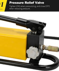 Portable Square Hydraulic Hand Pump High Pressure CP-800 2800CC showing the pressure relief valve and manual lever for control.
