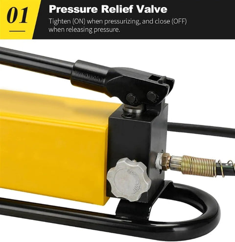 Portable Square Hydraulic Hand Pump High Pressure CP-800 2800CC showing the pressure relief valve and manual lever for control.
