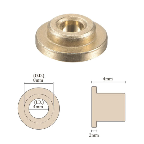4 Pack Flange Sleeve Bearings 4mm Bore 8mm OD 4mm Length 2mm Flange Thickness Sintered Bronze Self Lubricating Bushings, shown with dimensions