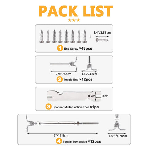 Pack list with end screws, toggle ends, spanner tool, and toggle turnbuckles for 12 Pairs Marine Grade T316 Stainless Steel Cable Railing Kit
