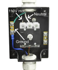 Electrical box showing wiring connections labeled 110V Hot, Neutral, and Ground.
