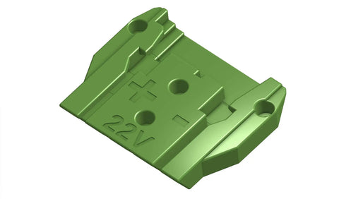 Close-up of green 22V battery dock adapter highlighting mounting holes and design for 10AWG Red Battery Dock Adapter For 22V Battery Pack Power Connector Robotics Hookup Ready Outdoor Setup With Marine Grade Tinned Copper UL Rated Wires And 3D Printed Outdoor Resistant Construction.