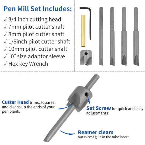 7 Piece Pen Barrel Trimming Set With Three Eighths, Seven Millimeter, Eight Millimeter, Ten Millimeter Pilot Shafts, Three Quarters Inch Cutter, Sleeve Adapter And Hex Key Wrench, Pro Grade Pen Making Kit For DIYers Woodturners And Craft Enthusiasts.