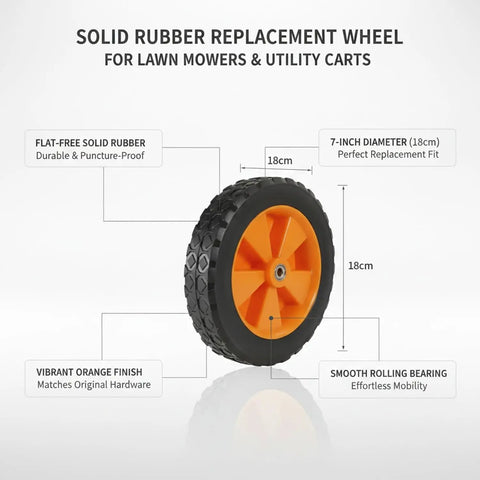 Heavy Duty Orange Solid Rubber Caster Wheel 7 Inch Non Pneumatic Replacement For Lawn Mower And Grill Base That Rolls Smooth Over Pavement Or Grass Without The Flat Tire Hassle Or Annoying Maintenance Work Required