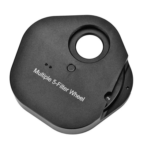 Top view of black 1.25 Inch 5 Position Manual Filter Wheel for Telescopes with T2 Mount Camera Adapter