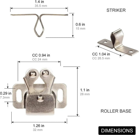 Dimensions of Double Roller Cabinet Latch Set 40 Pcs Soft Cushioned Roller Catches For Doors And Cupboards With Striker