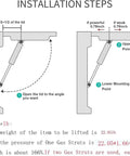 Installation steps diagram for Heavy Duty Gas Struts And Gas Shock Lift Supports delivering 33 pound lift force with 15 inch stroke for cabinets.