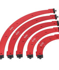 Professional Grade Aluminum Alloy Router Radius Template Kit R100 To R300 Precision Corner Jig Set showing five red aluminum radius templates with size labels.