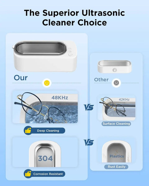 Comparison of 48kHz Ultrasonic Jewelry Cleaner Machine With 304 Stainless Steel Tank against a lower 42kHz and plastic version