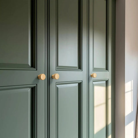 Five Pack Solid Brass Cabinet Knobs Brushed Gold Handles For Dresser Kitchen Bedroom Bathroom on green cabinet doors