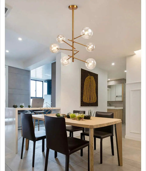 Stunning Six Head Kitchen Pendant Lights Matte Glass Table Chandelier For Dining Room Lighting easy install over a wooden table.