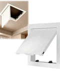Built Tough Aluminum Access Door For Drywall Panels With Snag Free Flush Mount And Heavy Duty Galvanized Core Designed To Hide Power Boxes Water Lines Or Utility Shafts Totally Out Of Sight Hassle Free In Crisp White 12 By 14 Inches, shown in ceiling mount.