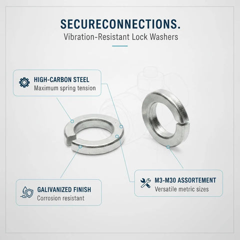Galvanized Spring Lock Washers Kit M3 Through M30 High Carbon Steel Auto Repair Fasteners Set with Pro Grade Organization Tray