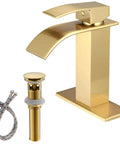 Gold modern waterfall bathroom faucet with pop up drain and hoses, single handle for one hole sink, durable SUS 304 stainless steel