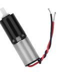 Front view of 6mm micro DC gear motor with red and black wires, black gearbox housing, and silver motor body