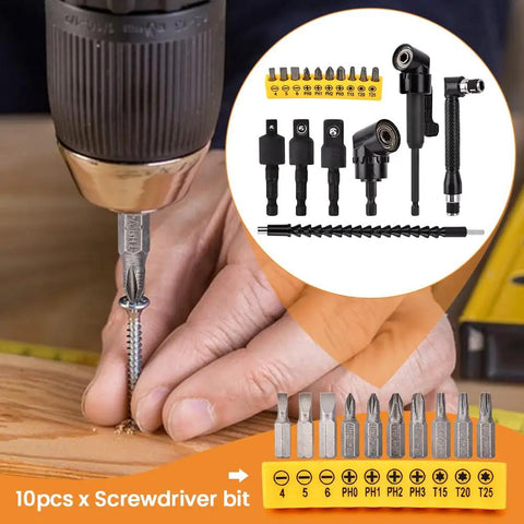 Tough As Nails 17 Piece Flexible Drill Bit Extension Kit With Pro Grade 360 Rotating Socket Adapter And Quarter Inch Hex Shank For Power Tools And Manual Drivers, 10 screwdriver bits in use.