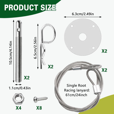 Heavy Duty Stainless Steel Car Hood Pins Kit With Quick Release Lock Latch components with size details and cable