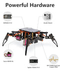 ESP8266 Spider Robot Building Kit With App Remote Control showcasing components like ESP8266, MG90 servos, and acrylic board for robotics learning.