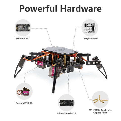ESP8266 Spider Robot Building Kit With App Remote Control showcasing components like ESP8266, MG90 servos, and acrylic board for robotics learning.